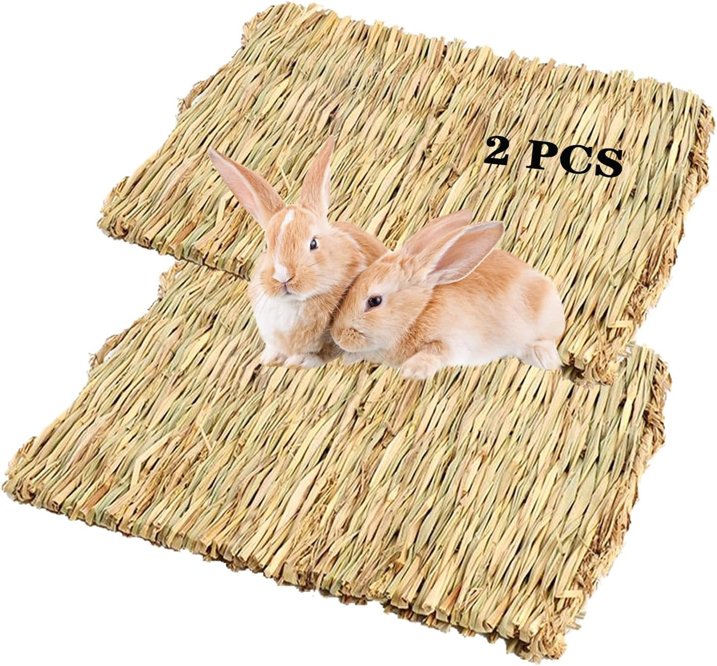 PINVNBY Natural Grass Mat for Rabbits,2 Pack Rabbit Hay Mats,100% Handwoven Hay Chewable Bedding & Cooling Mat for Bunny Guinea Pigs Hamsters Chinchillas - Eco-Friendly Cage Liner,Nesting Toy