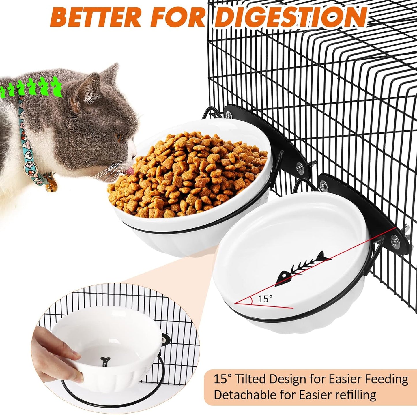 Dog Kennel Water Bowl, 2 Pack Ceramic Hanging Dog Crate Water Bowls No Spill, Removable Thick Tilted Cat Food/Water Bowls for Small Dogs, Cats, Rabbit, Guinea Pigs(5.7 * 2.4&4.7 * 2”)