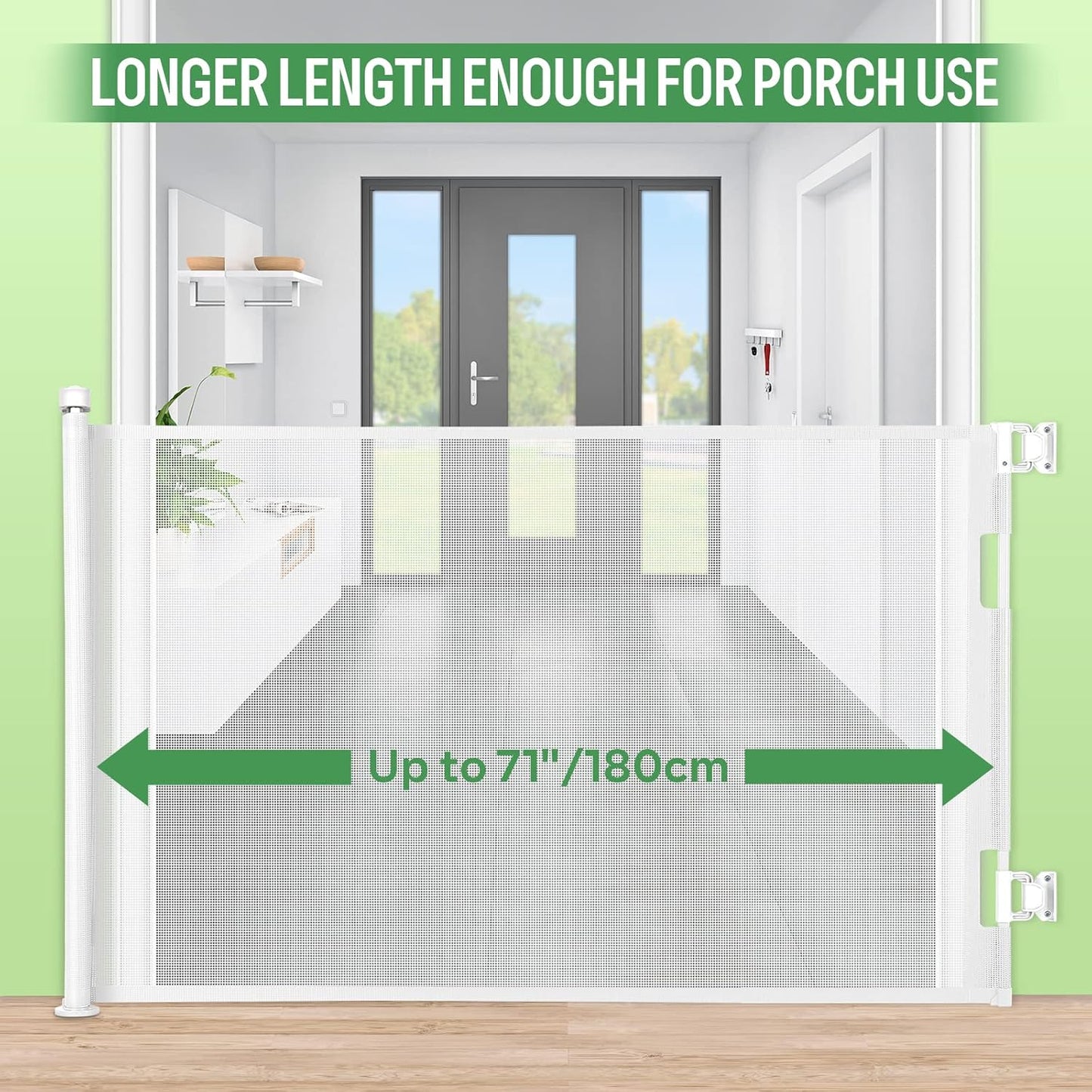 Retractable Baby Gate, Extra Wide Safety Kids or Pets Gate, 33” Tall, Extends to 71” Wide, Mesh Safety Dog Gate for Stairs, Indoor, Outdoor, Doorways, Hallways