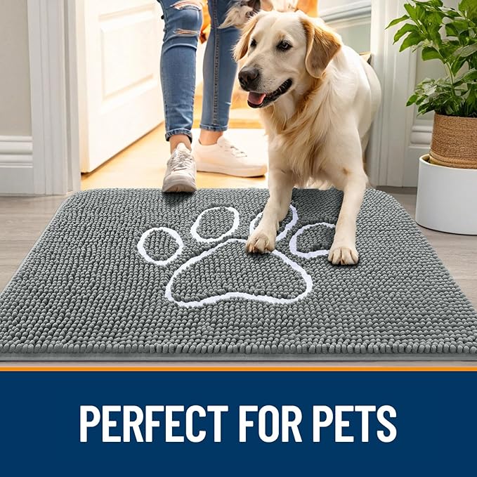 OLANLY Door Mat for Muddy Dog Paws 36x24, Absorbent Chenille Mud Doormat with Paw Print Design, Non-Slip Washable Doormat for Indoor Entryway, Quick-Dry Pet Bed Mats for Dirty Dogs, Grey and White