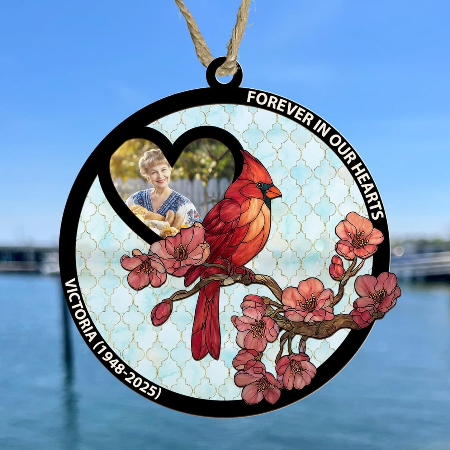 Personalized Cardinal Window Suncatcher Memorial Ornament – Custom Photo Remembrance Gift with Cherry Blossoms, “I’m Always with You” Quote – Cardinal Suncatchers for Windows, Car Mirror, or Display