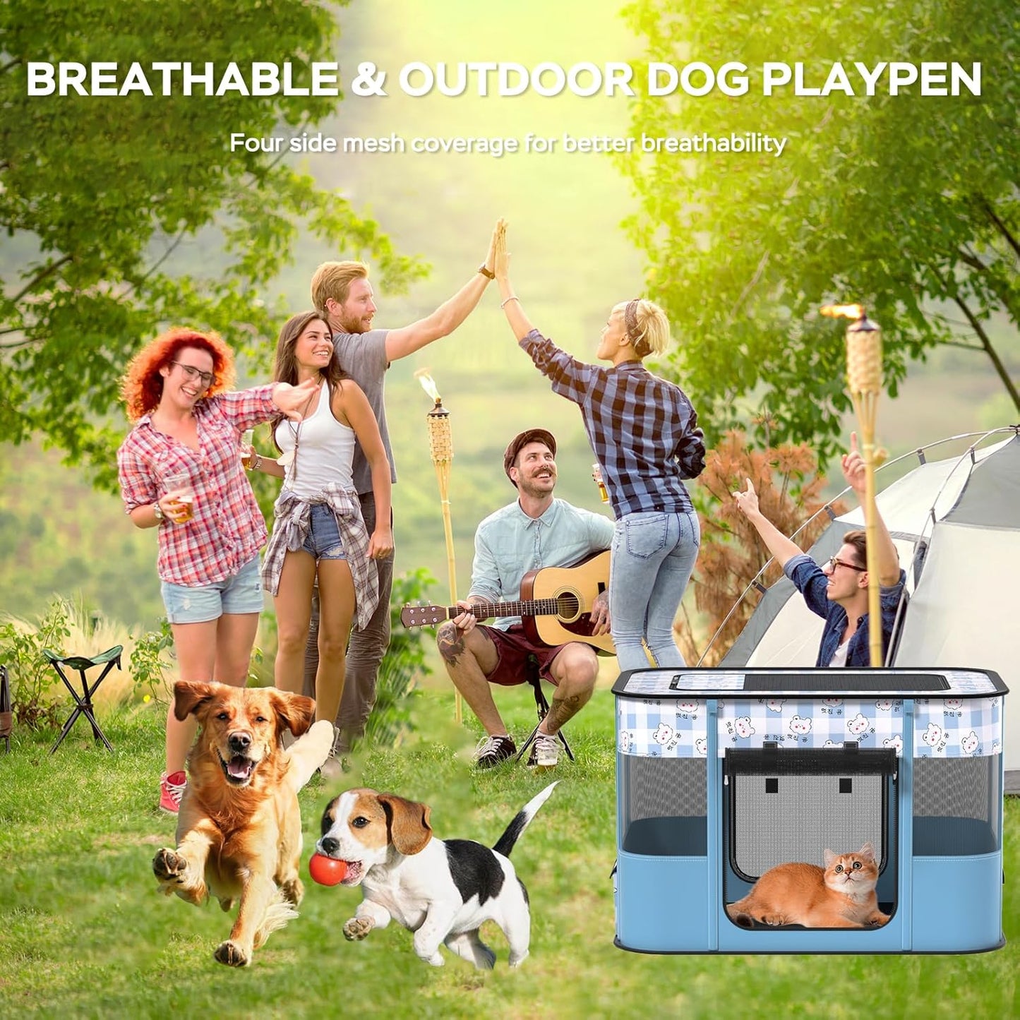 Dog and CAT pop Play Pen,Pets Houses for Dogs and Cats,Indoor&Outdoor Exercise Pen Dog Tent Puppy Playground Large (M, Bule)