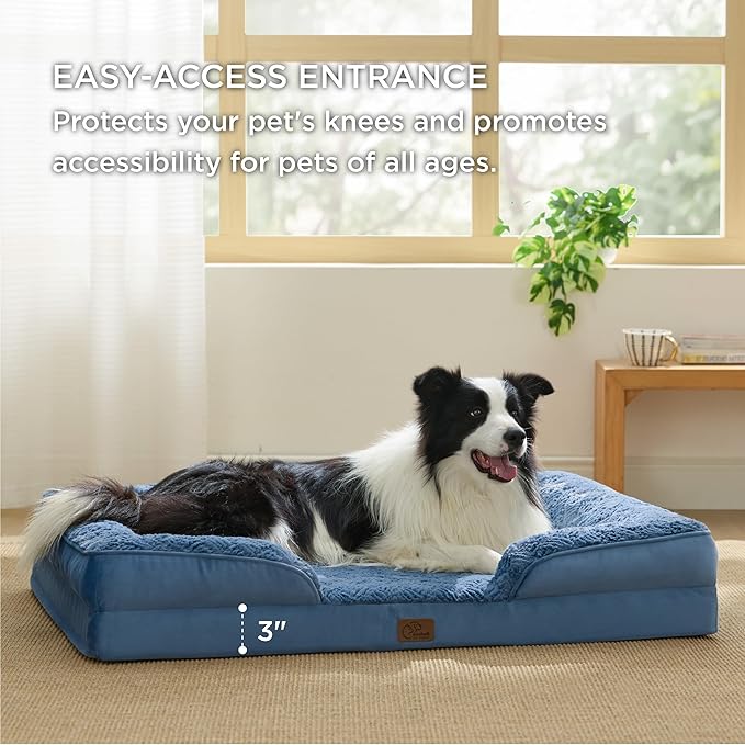 Bedsure Orthopedic Dog Beds Large Sized Dog - Washable Large Dog Cat Bed Waterproof, Comfort Dogs Couch Sofa with Washable Removable Cover, Pet Bed with Nonskid Bottom, Plush-Blue, 35"