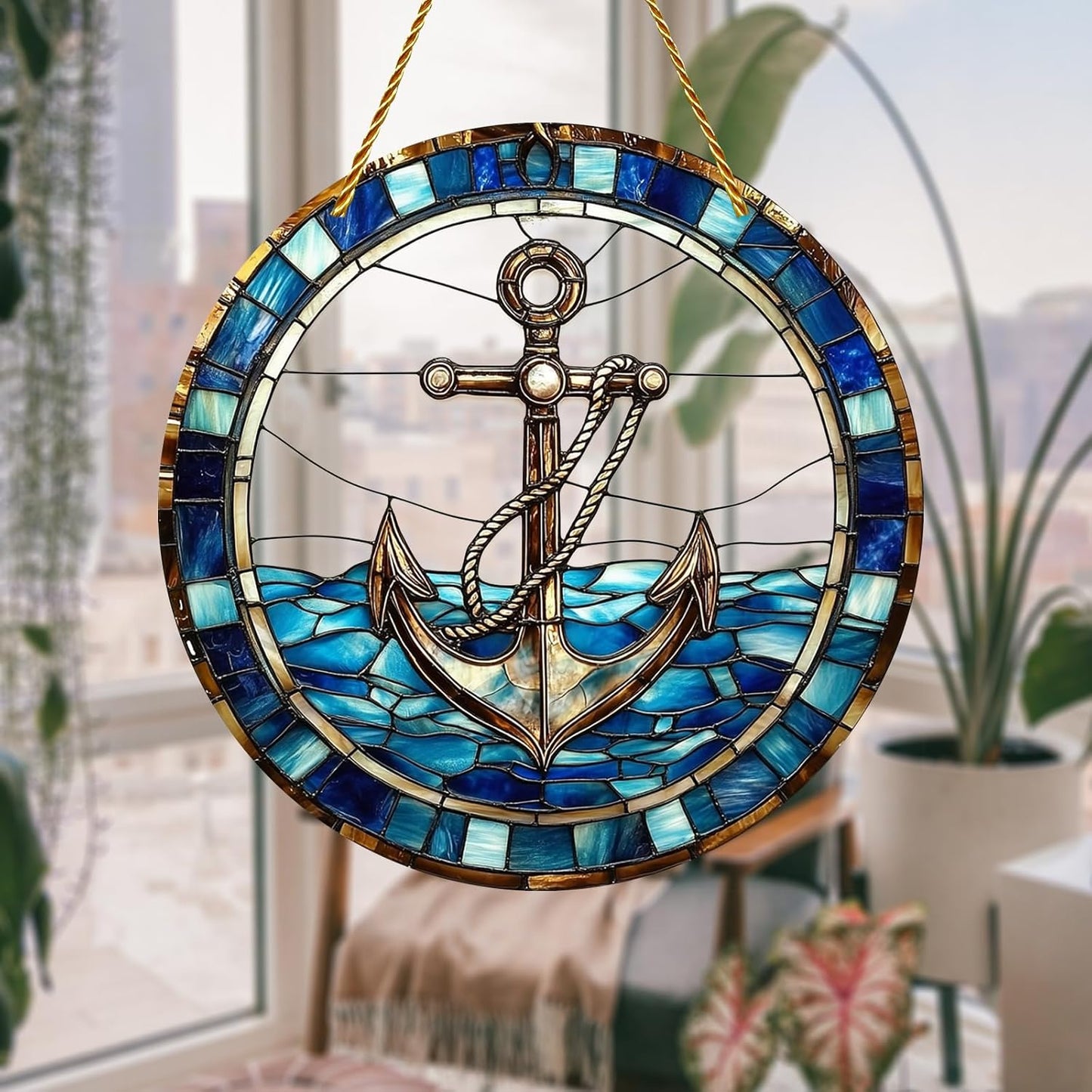 8x8 inch Charming Nautical Anchor Acrylic Stained Glass Window Hanging Sun Catcher Decor Stained Panel Hangings Wall Art Decor, for Friends and Family (Nautical)