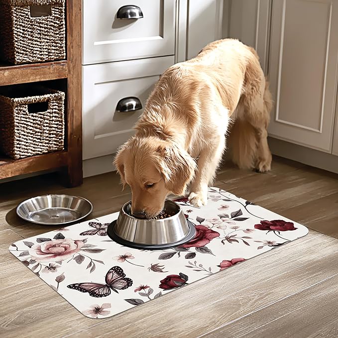 Vintage Flower Butterfly Dog Cat Food Mat-Absorbent Placemat for Food and Water Bowl, Waterproof Non Slip Rubber Backing Dog Food Mats for Floors, Pet Supplies 16 * 24 inch