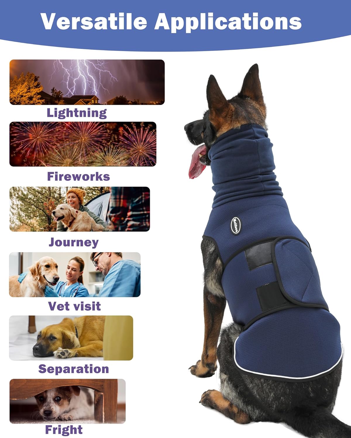 Dog Anxiety Vest with Hood, Skin-Friendly Thunder Jacket for Dogs, All-in-One Dog Calming Shirt with Hood for Thunder, Fireworks, Separation - Keep Pet Calm Without Medicine, Dark Blue, 2XL