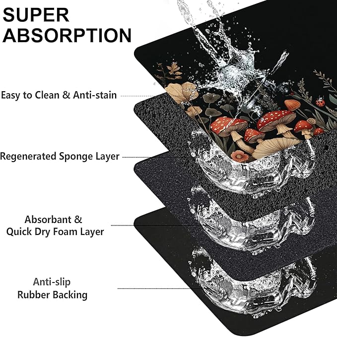 Vintage Mushroom Flower Pet Cat Dog Food Mat-Absorbent Quick Dry Feeding Placemat for Water and Food, No Stains Rubber Base Mat for Indoor Use, Pet Accessories 16"x24"