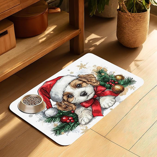 Merry Christmas Dog Dog Cat Food Mat-Absorbent Placemat for Food and Water Bowl, Waterproof Non Slip Rubber Backing Dog Food Mats for Floors, Pet Supplies 12 * 20 inch