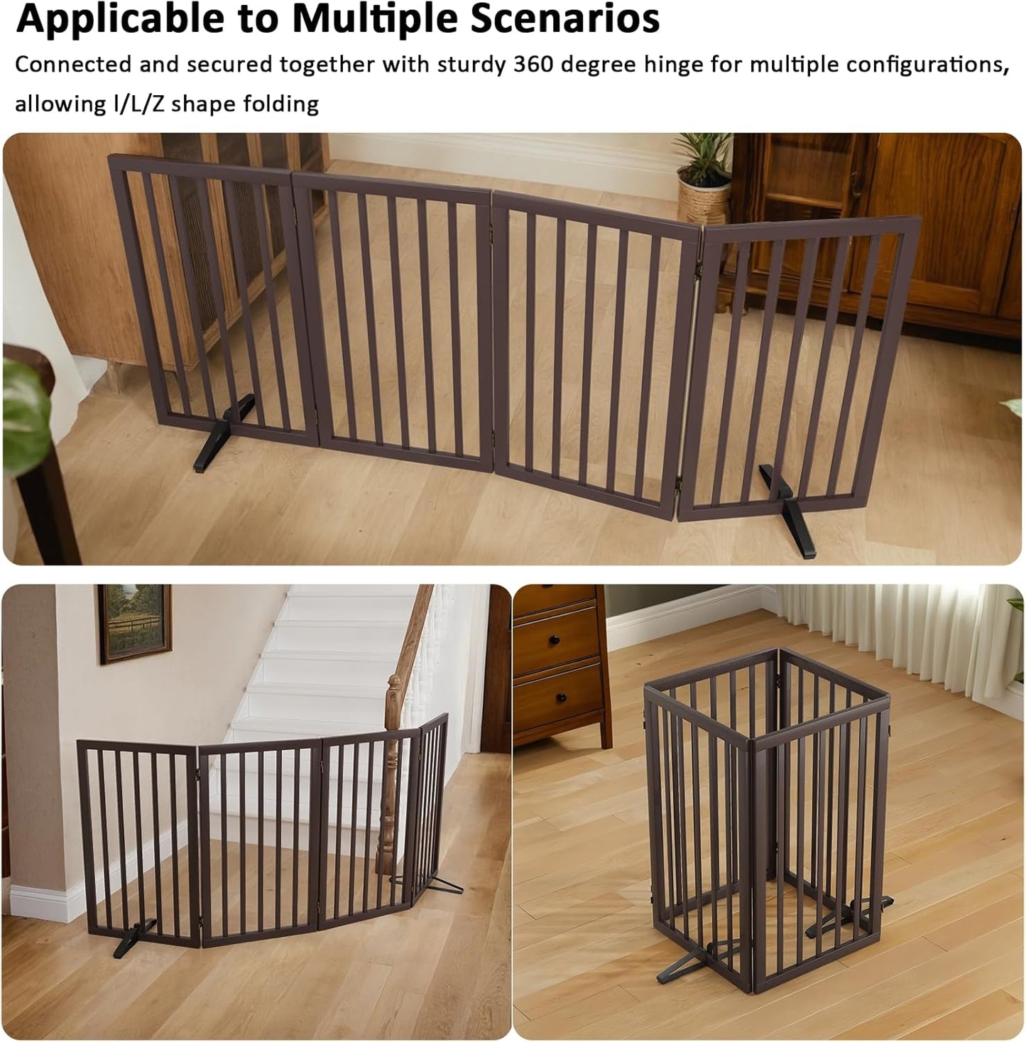 Dog Gate for Doorways 32" Tall Freestanding Dog Gate for Stair Foldable Pet Gate for Dogs Indoor (Brown,4 Panel)