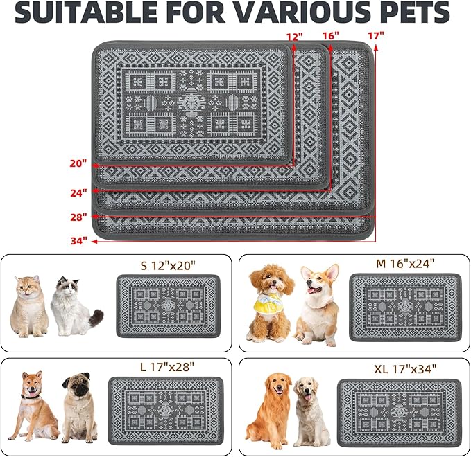 PUPTECK Dog Food Mat, Absorbent Pet Cat Feeding Mat for Food and Water Bowls, Anti-Slip Dog Placemat for Floors Waterproof, Pet Supplies Accessories, Gray S