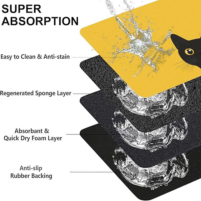 Cute Black Cat Peeking Dog Cat Food Mat-Absorbent Placemat for Food and Water Bowl, Waterproof Non Slip Rubber Backing Dog Food Mats for Floors, Pet Supplies 16 * 24 inch