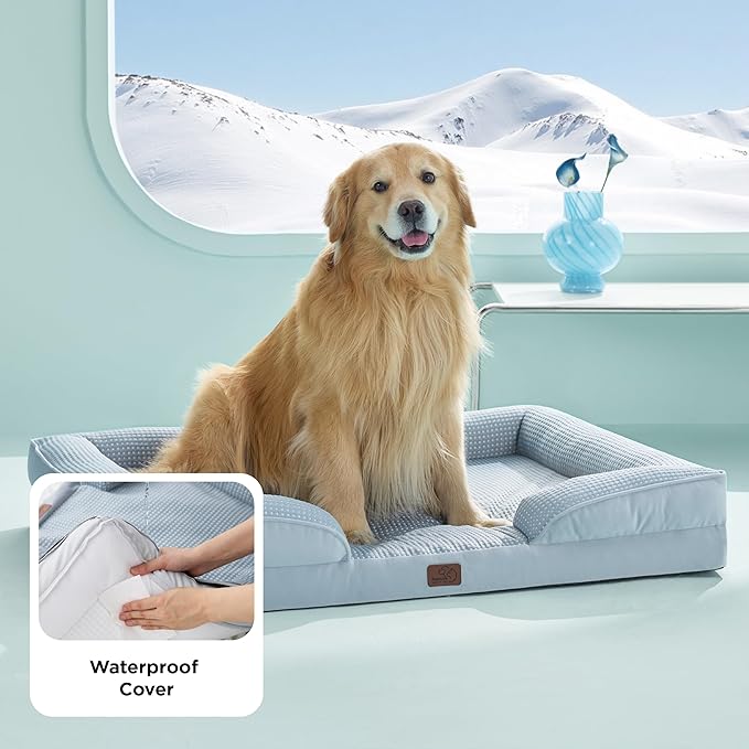 Bedsure XL Orthopedic Dog Bed for Extra Large Dogs - Washable XLarge Dog Cat Bed Waterproof, Comfort Dogs Couch Sofa with Washable Removable Cover, Pet Bed with Nonskid Bottom, Cooling Blue, 42"