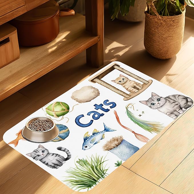 Cat Fun Dog Food Mat-Absorbent Pet Feeding Mat for Food and Water Bowl, Quick Dry Dog Placemat with Rubber Backing-No Stains Pet Supplies for Messy Drinkers 16"x24"