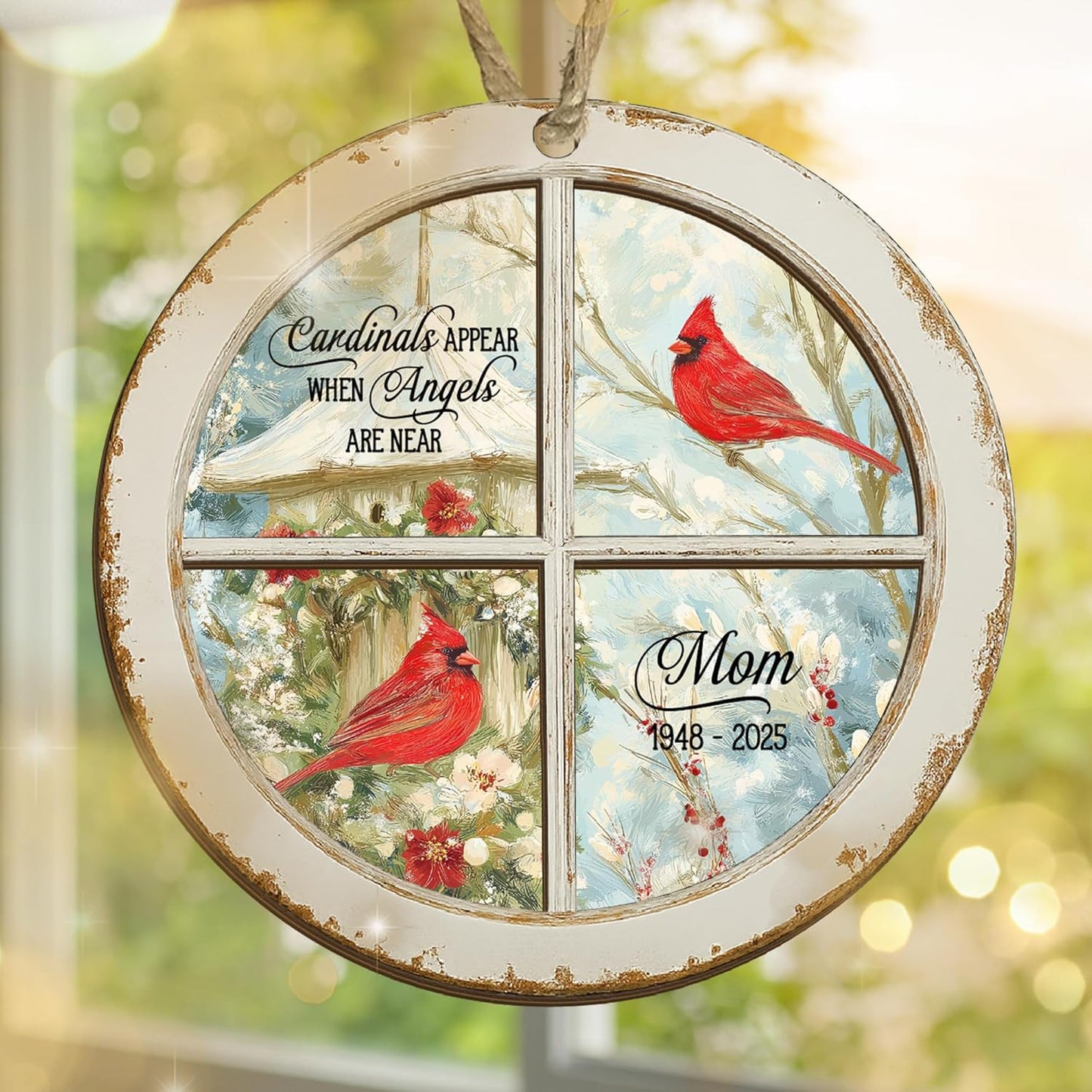 Personalized Cardinal Memorial Suncatcher – Custom Round Window Sun Catcher with Name & Years – “Cardinals Appear When Angels are Near” Hanging Ornament – in Memory of Mom, Dad, or Loved One Gift