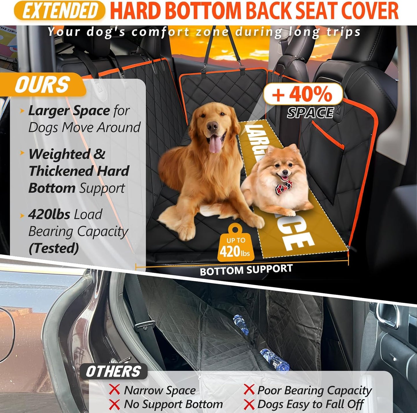 Back Seat Extender for Dogs - Holds 420lb, Hard Bottom Dog Bed Back Seat Cover, Pet Car Seat Cover Backseat Extender,Upgraded Material Waterproof Dog Hammock for Car，SUV, Truck, Black/Orange