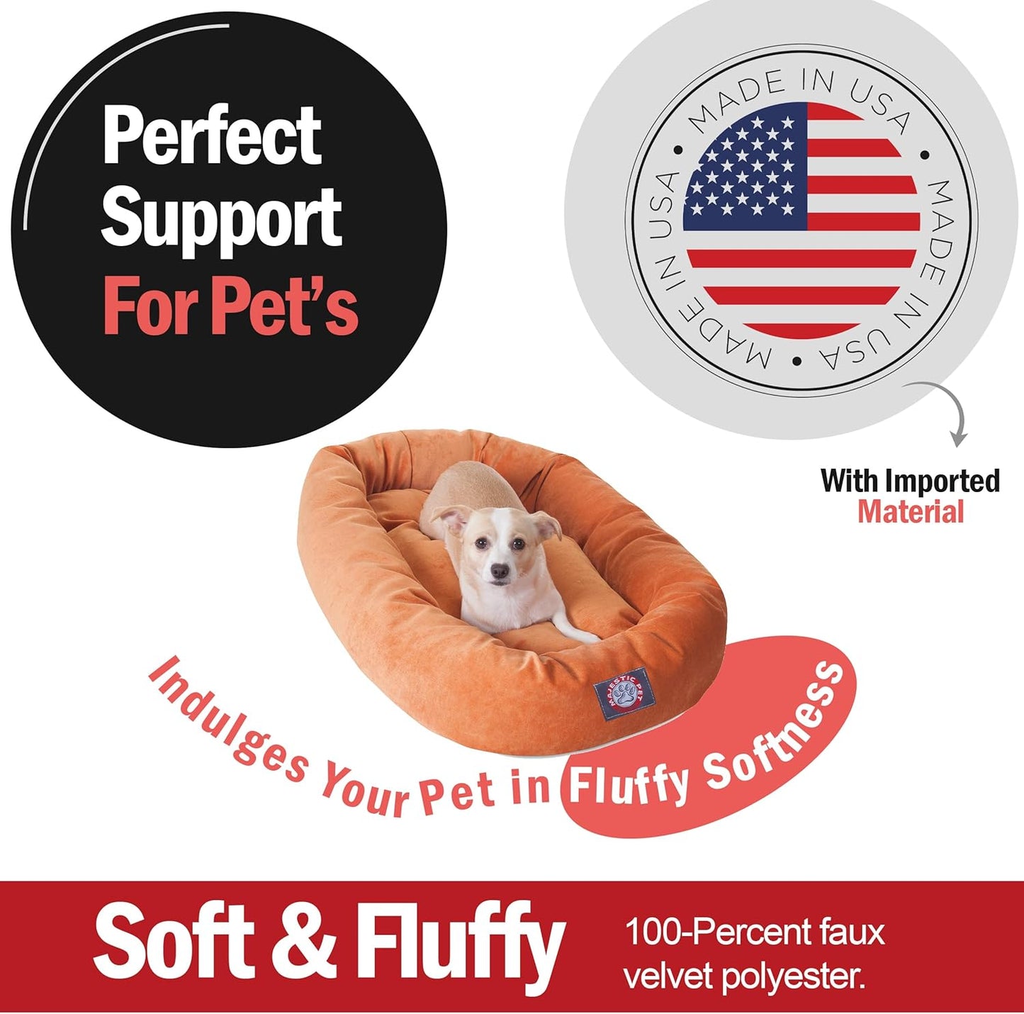 Majestic Pet 32 Inch Micro Velvet Calming Dog Bed Washable 32x23x7 (inch) – Cozy Soft Round Donut Dog Bed with Spine for Head Support - Pet Bed Medium – Orange