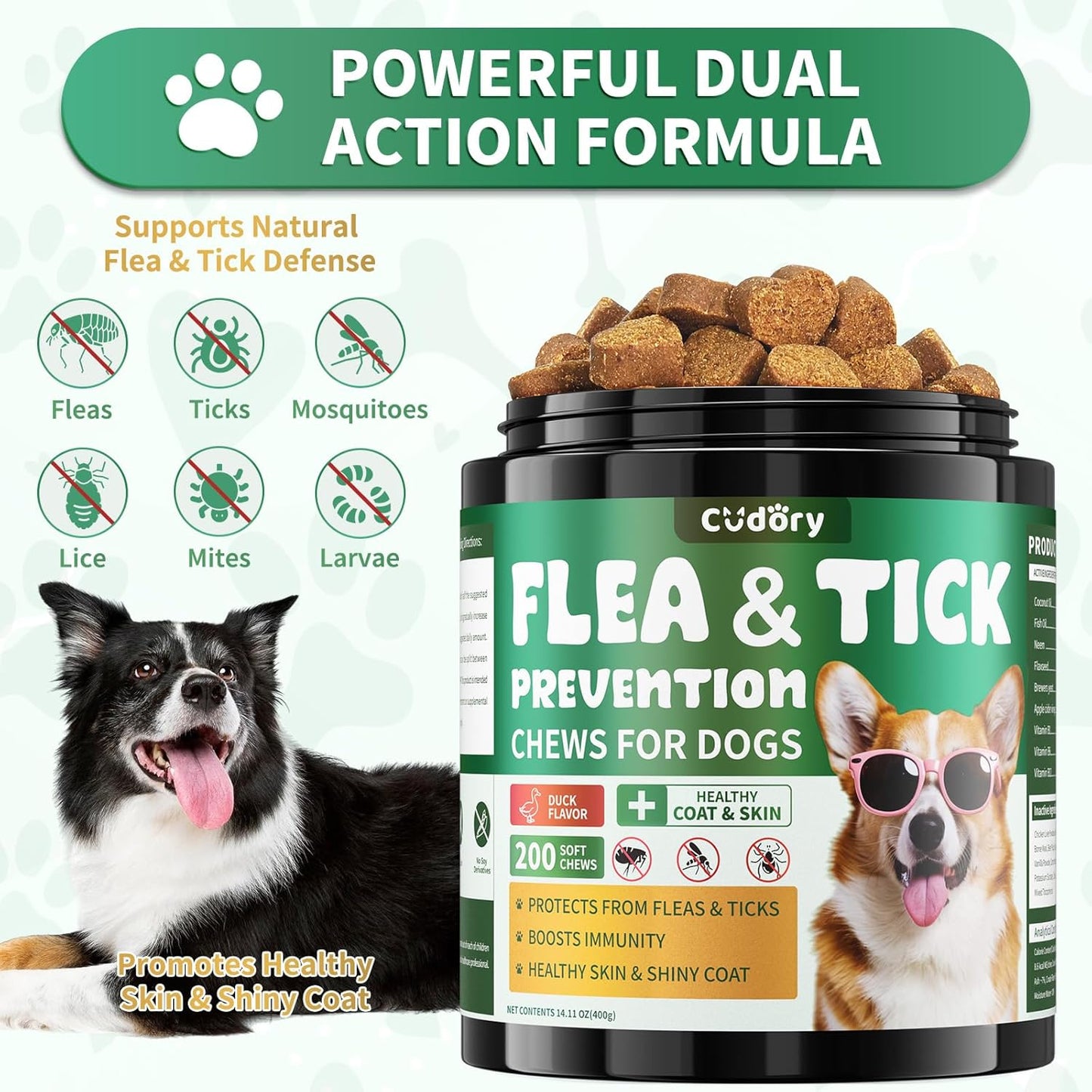 Flea and Tick Prevention for Dogs Chews – 200 Soft Chews, Dog Flea Chewables with Skin & Coat Support – Oral Supplement for All Breeds & Ages – Natural Duck Flavor