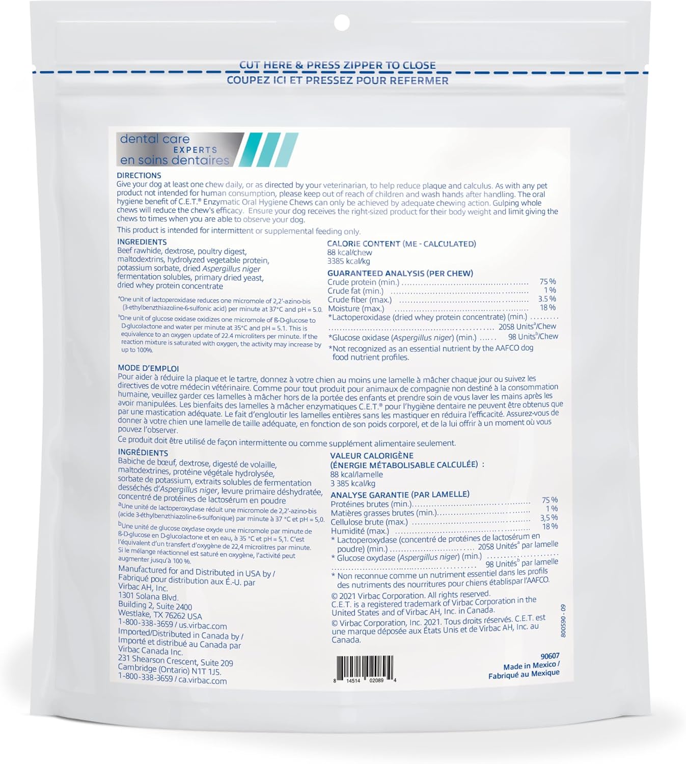 C.E.T. Enzymatic Oral Hygiene Chews for Dogs - Plaque & Tartar Control - Single Layer Beefhide with Exclusive Dual-Enzyme System & Tasty Chicken Flavor - Easy to Give Dog Dental Chew