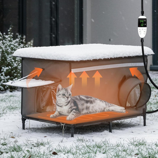 Heated Outdoor cat House for Outside, Weatherproof Insulated Feral Cat Shelter with Timer-Temp Control Heating Pad in Winter, Large Elevated Outdoor Cat House with Zipper, 2 Doors, Safety-Dark Gray
