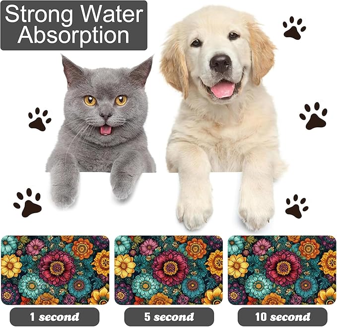 Vintage Floral Pet Feeding Mat-Quick Dry Absorbent Dog Cat Food Mat, Anti-Slip Water Bowl Mats for Messy Eaters-No Stains Indoor Pet Accessories 12"x20"