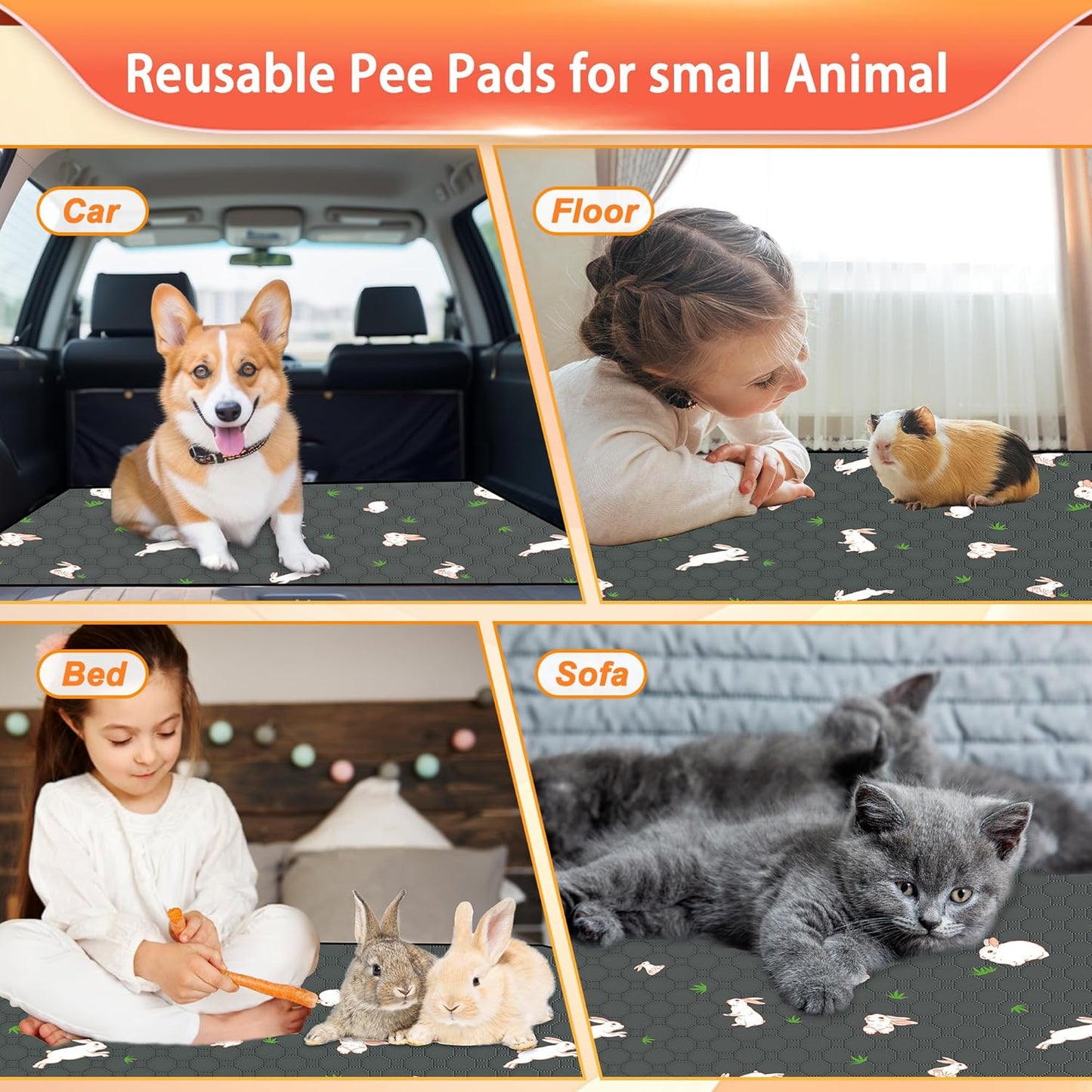 Guinea Pig Cage Liner, Reusable Guinea Pig Bedding Washable Absorbent Pee Pads for Dogs Kitten Rabbit Chinchilla Hamster, Leakproof & Anti Slip (2, C&C 2*3, 24"x36")