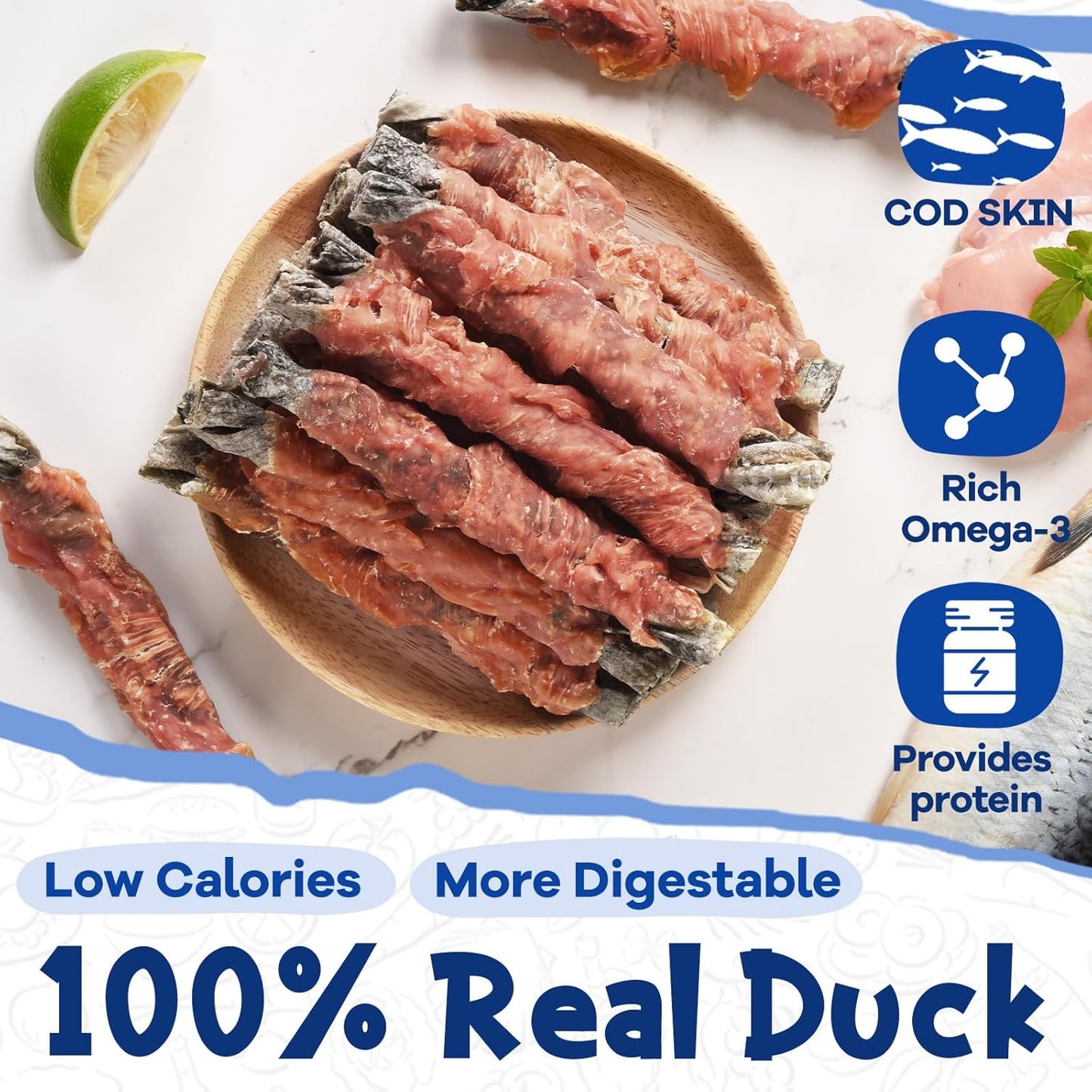 Cod Skin Dog Treats with Duck Dog Snacks High Protein and Omega-3, Natural Dog Chews w/Taurine, 12.5 oz