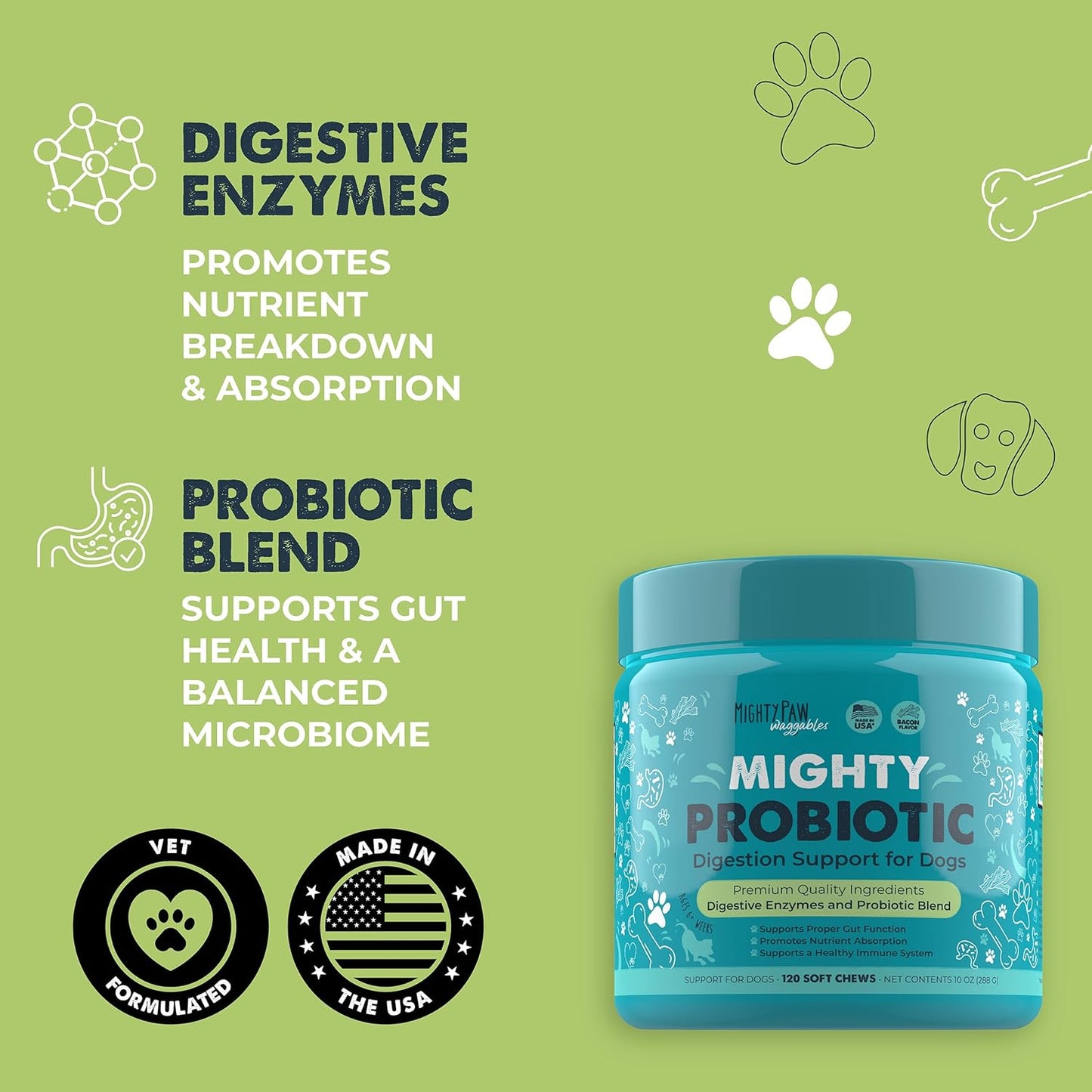 Mighty Paw Waggables Probiotic Chews for Dogs (Made in USA) | Dog Probiotics & Digestive Enzymes. Bacon Flavor Probiotic for Dogs Digestive Health. Prebiotics, Probiotics for Dog Gut Health (120 Ct)