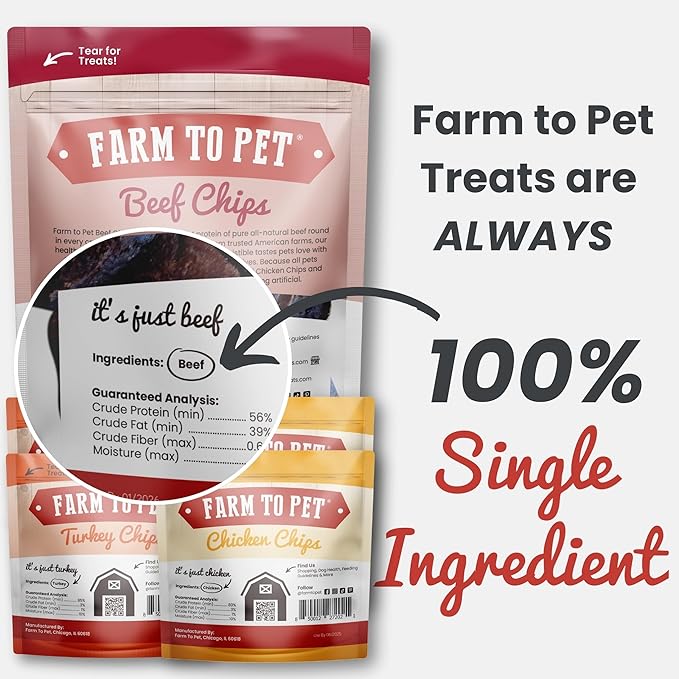 Farm To Pet - Puppy Training Treats Starter Pack Beef 4oz + 2 Chicken & 2 Turkey Snack Chips for Small Dogs - Value Pack Treats, 100% All Natural, Single Ingredient, Puppy Essentials Made in USA