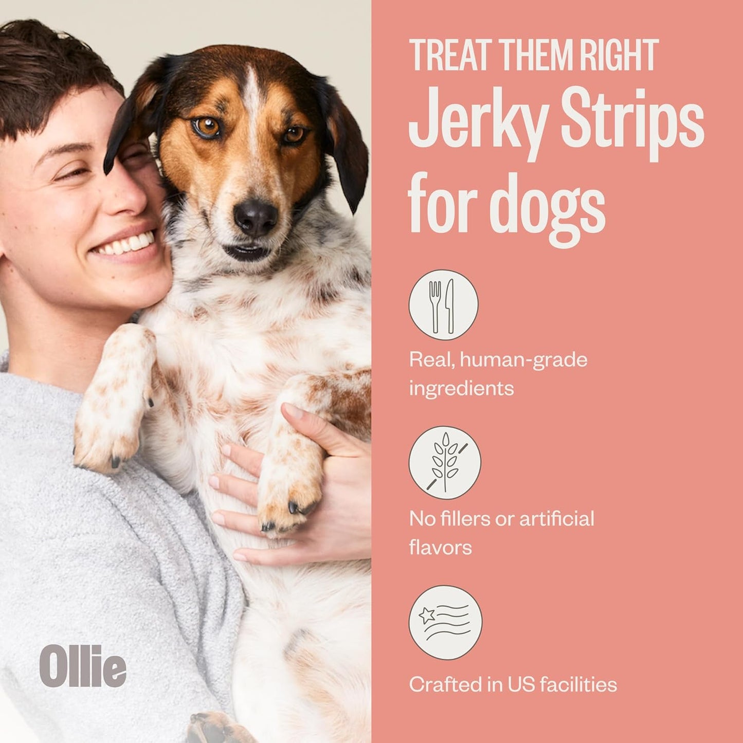 Ollie Beef & Sweet Potato Jerky Treats, 15 oz - All Natural Dog Treats Ingredients, Meat-First Recipe, No Preservatives or Fillers