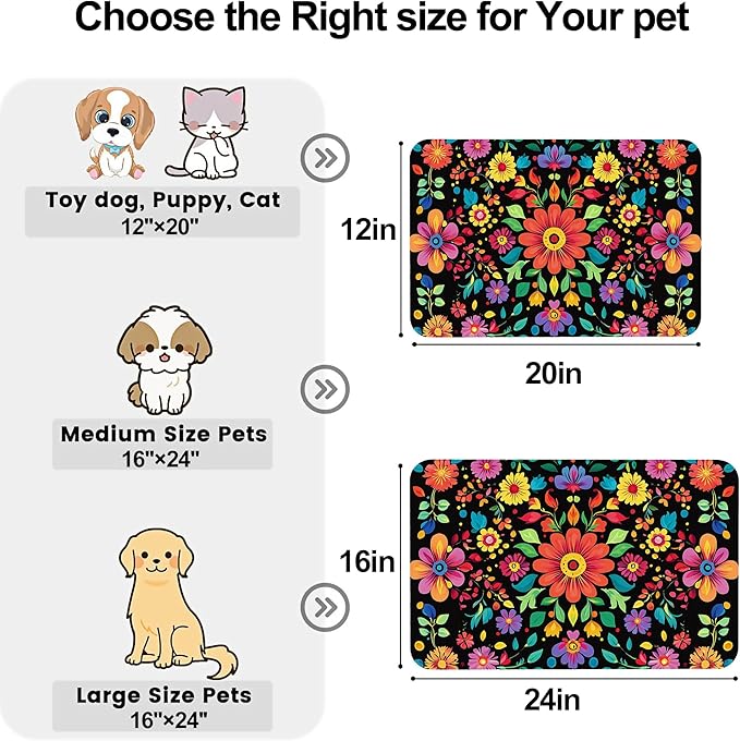Colorful Mexican Floral Pet Feeding Mat-Quick Dry Absorbent Dog Cat Food Mat, Anti-Slip Water Bowl Mats for Messy Eaters-No Stains Indoor Pet Accessories 12"x20"