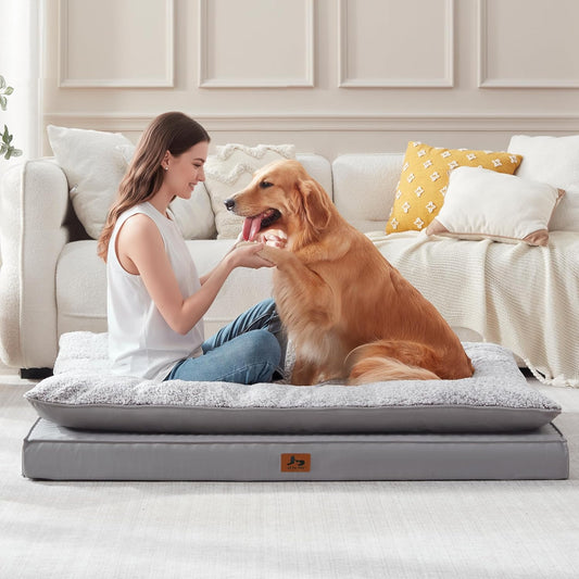Orthopedic Dog Bed for Ctrate, Waterproof PillowTop Pet Bed for Medium Large Size Dogs, Egg-Crate Foam Dog Crate Mat with Removable Washable Cover, 2-Layers Kennel Pad 55"L x 42"W, Light Grey