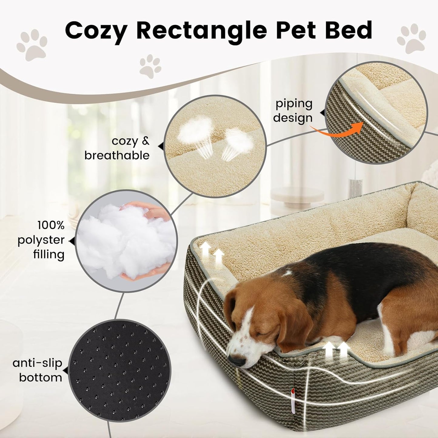 Miguel Dog Bed with Removable Cushion/Pillow for Medium Small Dogs, Washable Pet Bed with Side Easy to Wash Puppy Bed, Large Rectangle Cat Bed for Indoor Cat with Anti-Slip Bottom, Khaki 30 Inch