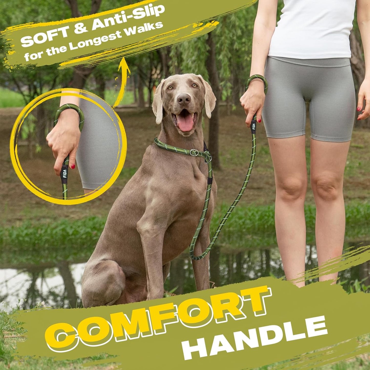 Fida Slip Leads for Dogs, 4 FT x 1/2" Dog Leash Heavy Duty Comfortable Strong Rope Lead for Large, Medium Dogs, No Pull Pet Training Leash with Highly Reflective,Green