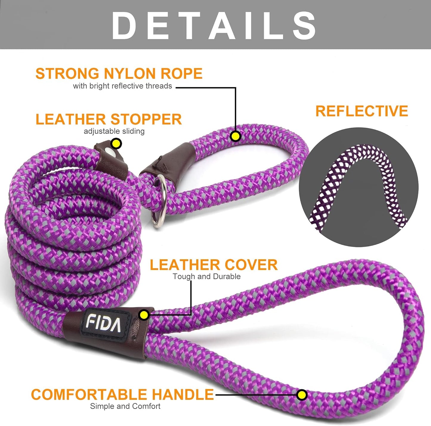 Fida Durable Slip Lead Dog Leash, 6 FT x 3/8" Heavy Duty Comfortable Strong Rope Slip Lead for Small Dogs and Puppies, No Pull Pet Training Leash with Highly Reflective(3/8", Purple)