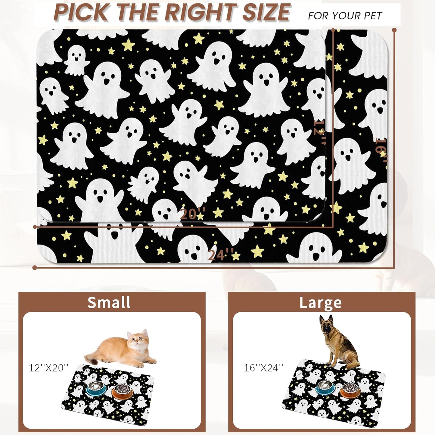 Halloween Pet Feeding Mat,Ghosts Absorbent Quick-Dry Cat Dog Food and Water Bowl Mats,Non-Slip Rubber Backing Mat,Cat Dog Accessories Supplies 12"x20"