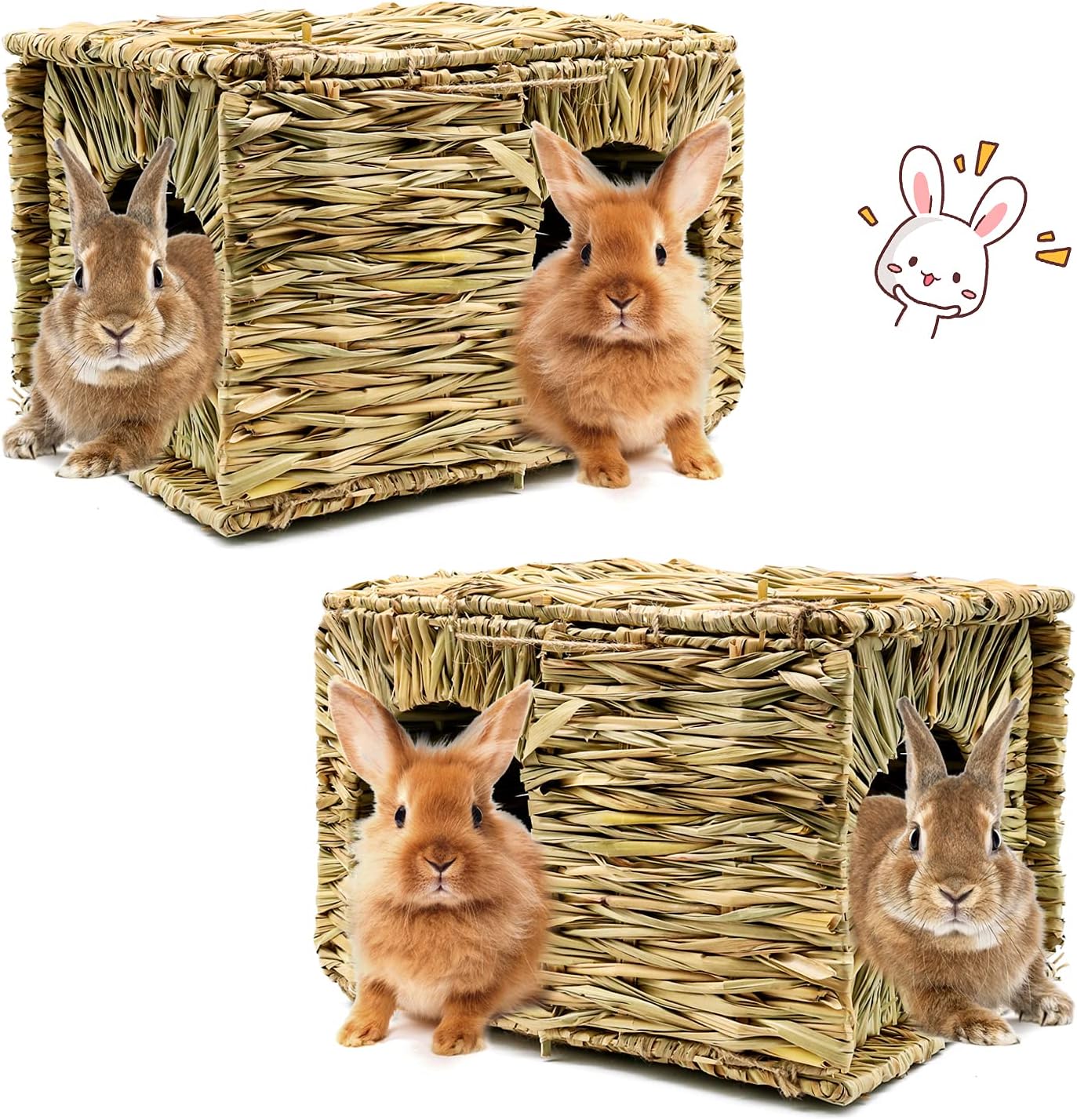 BWOGUE Extra Large Grass House for Rabbits,Hand Crafted Natural Grass Hideaway Foldable Bed Hut with Openings Playhouse for Bunny Guinea Pig Chinchilla Ferret for Play and Sleep(2 Pack)