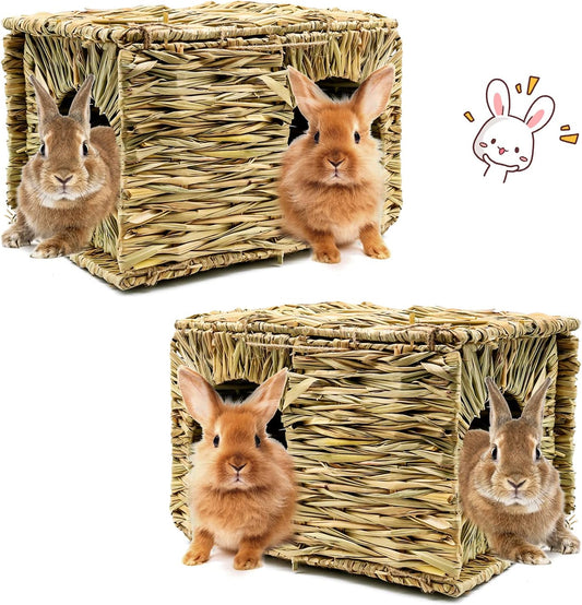 BWOGUE Extra Large Grass House for Rabbits,Hand Crafted Natural Grass Hideaway Foldable Bed Hut with Openings Playhouse for Bunny Guinea Pig Chinchilla Ferret for Play and Sleep(2 Pack)