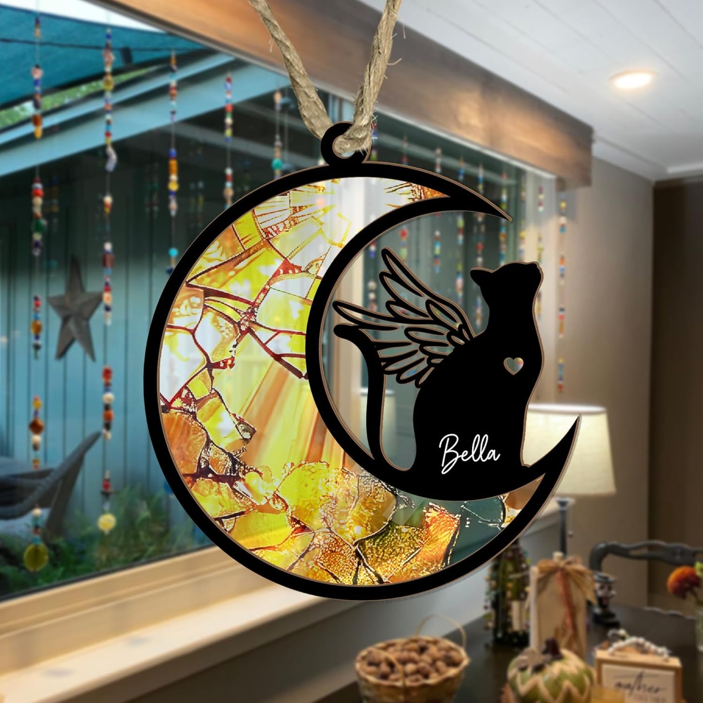 Personalized Cat Memorial Suncatcher – Crescent Moon Pet Loss Ornament with Angel Wings & Heart Cutout – Custom Rainbow Stained Glass Cat Bereavement Gift for Window, Mirror, or Sympathy Display