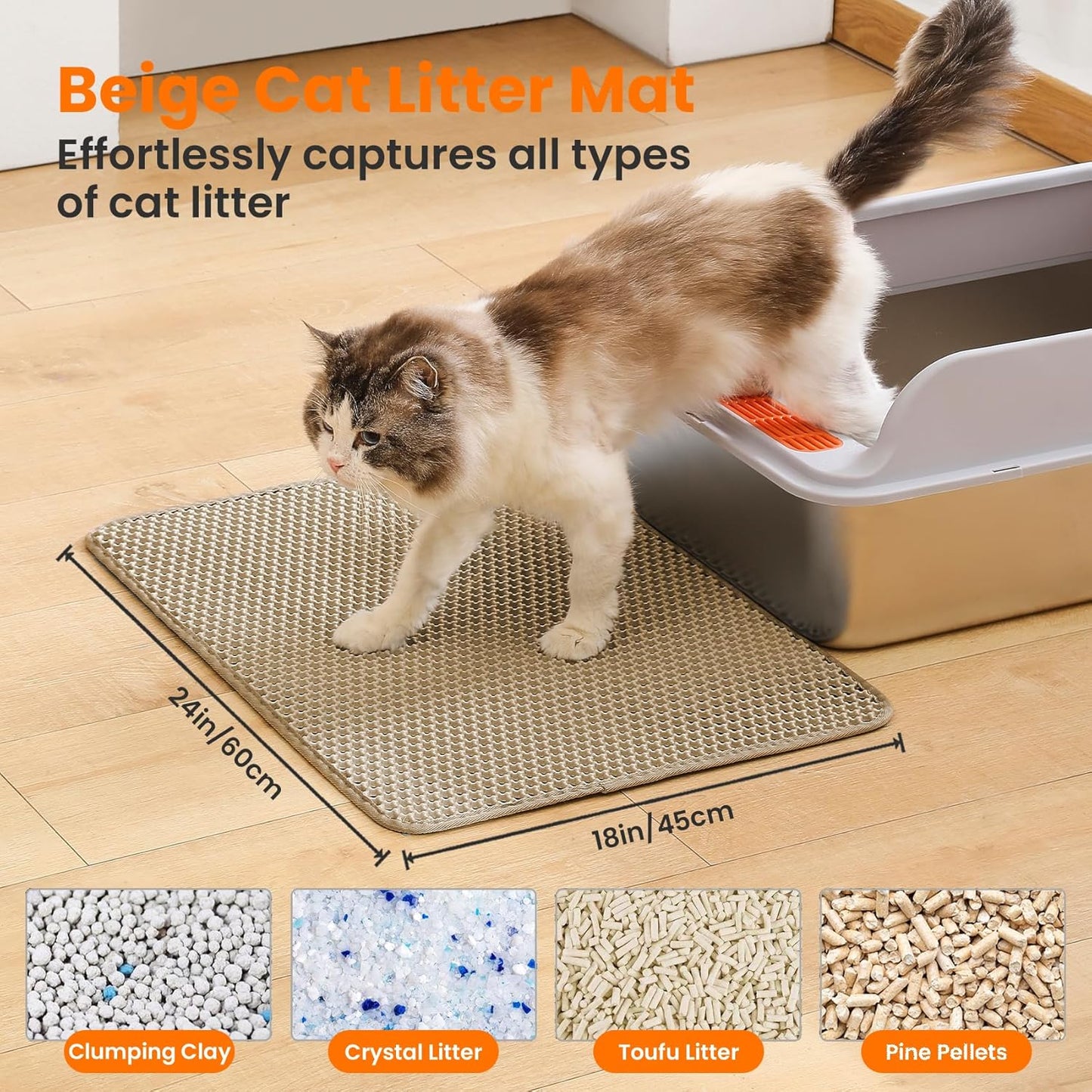 Cat Litter Mat, 24x18 Inches Large Double Layer Honeycomb Cat Litter Trapping Mat, Non Slip Waterproof Urine Proof Cat Litter Box Mat for Floor, Kitty Litter Rug, Cat Supplies, Beige