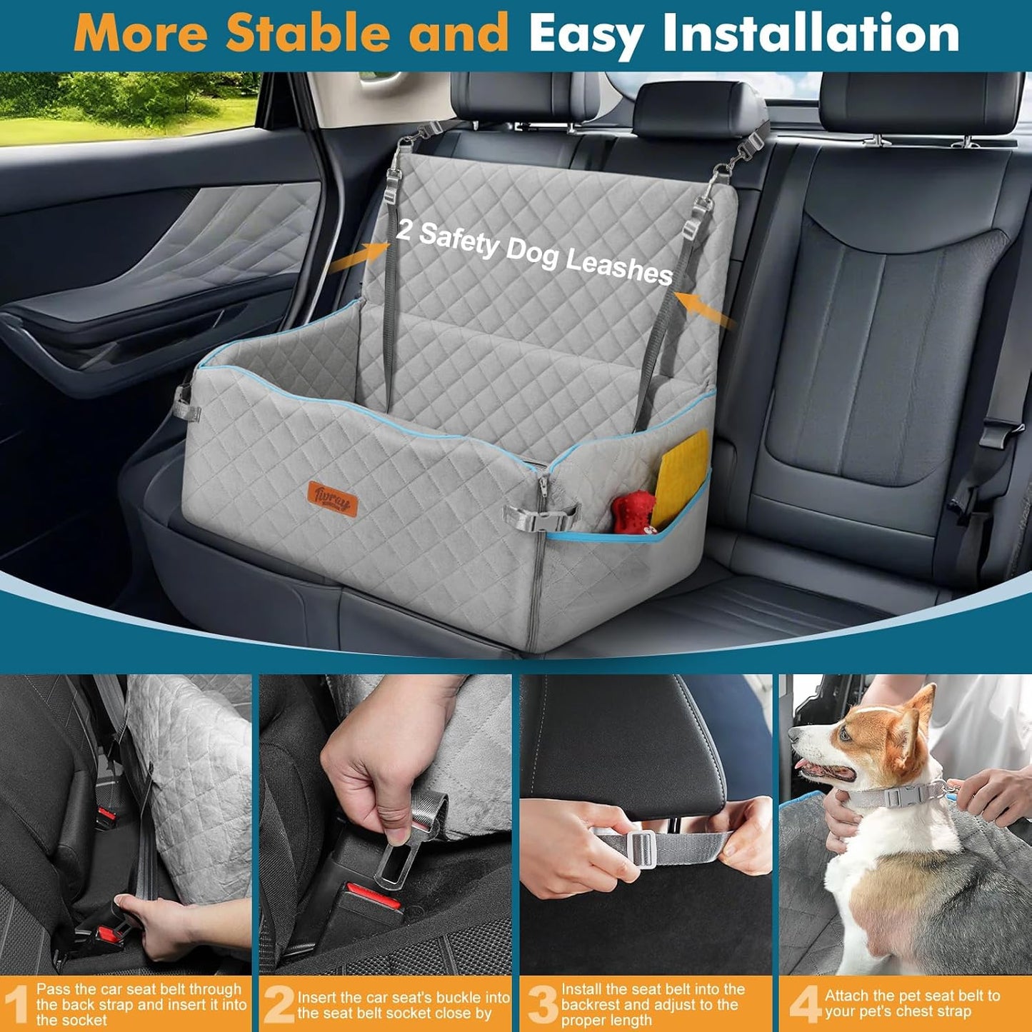 Large Dog Car Seat, Dog Car Bed for Large Dogs Under 60 lbs or 2 Small Breeds, Comfortable Pet Booster Seat with Memory Foam Thick Cushion, Detachable & Washable Pet Bed for Backseat, Grey