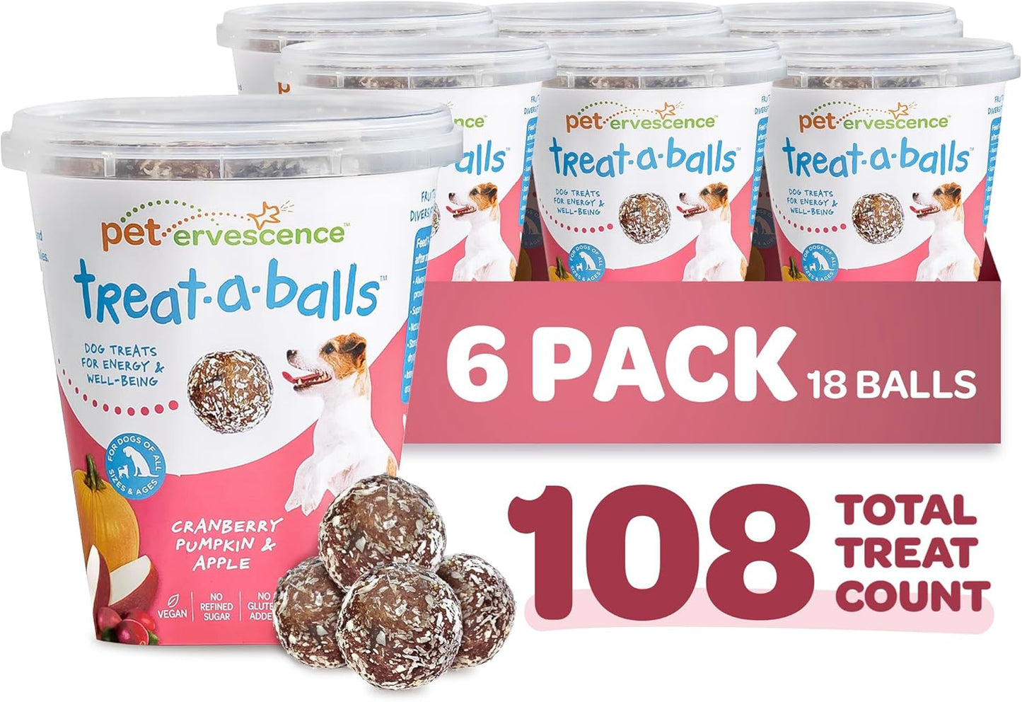 Cranberry, Pumpkin, & Apple Healthy Dog Treats - Vegan, Non-GMO, Human Grade - All Breeds, Sizes, & Ages - All Natural, Lean, Gluten-Free, Soft & Chewy - 6pk (108 Dog Treats Bulk)