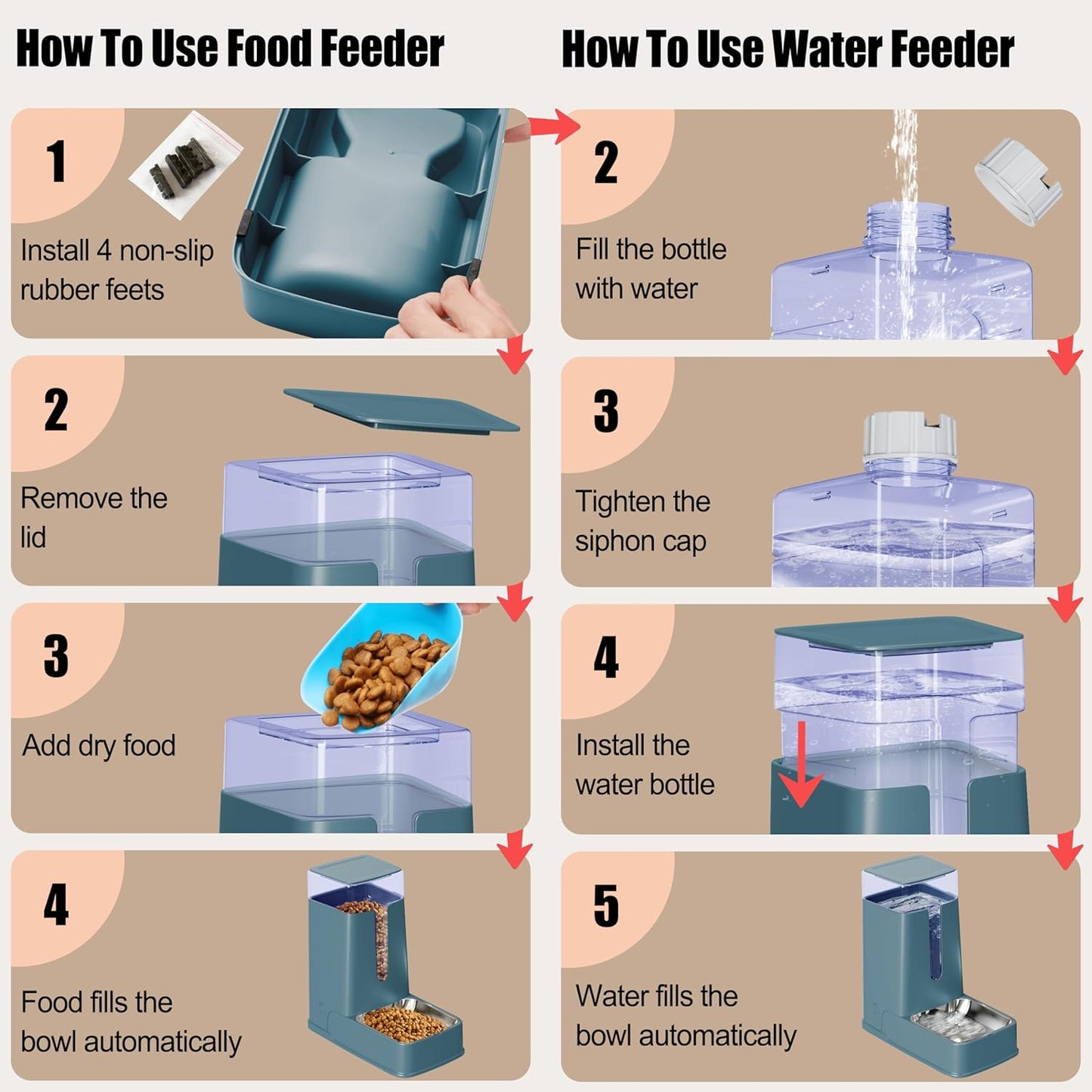 Automatic Cat Feeder and Cat Water Dispenser Set with Stainless Steel Bowls Gravity Dog Feeder for Small Medium Big Dog Pets Puppy Kitten, 3.8L x 2 (Cyan)