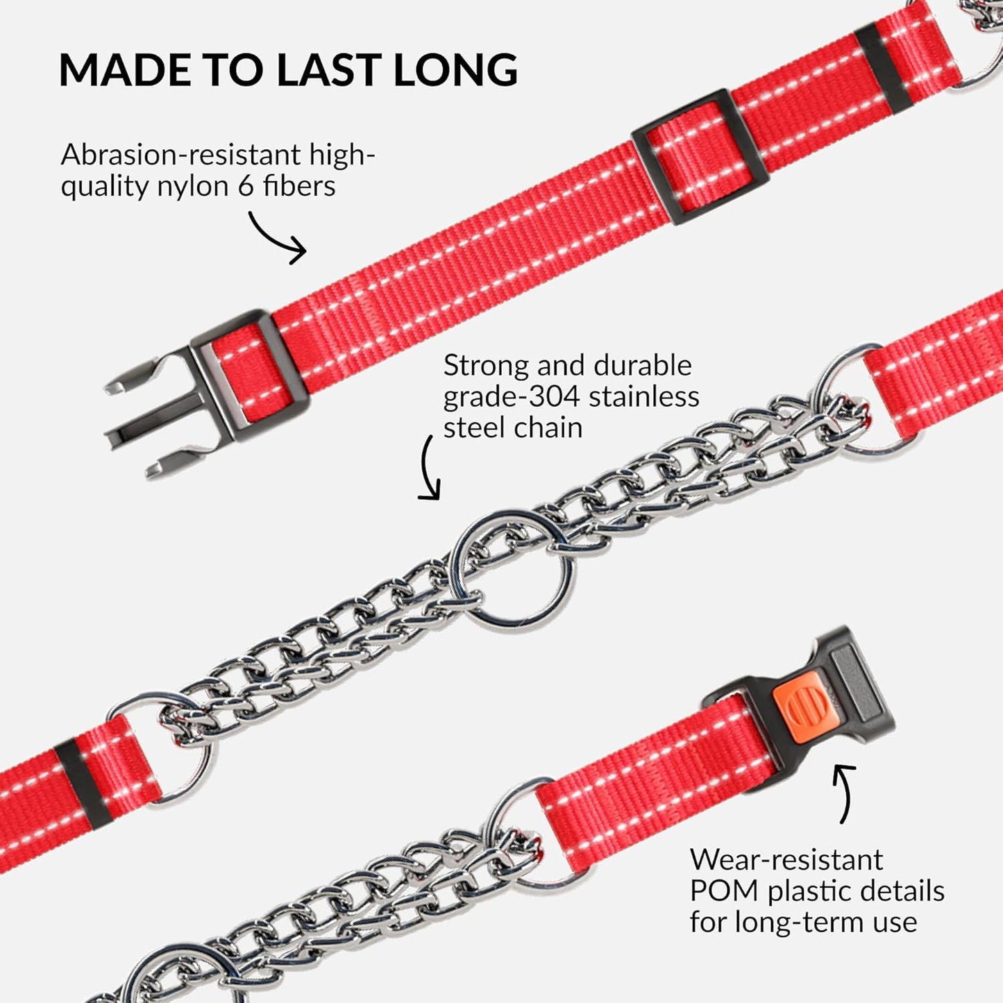 CollarDirect Martingale Dog Collar with Stainless Steel Chain and Quick Release Buckle - Reflective Collar for Large, Medium, Small Dogs - Red, Small (Neck Size 12"-15")