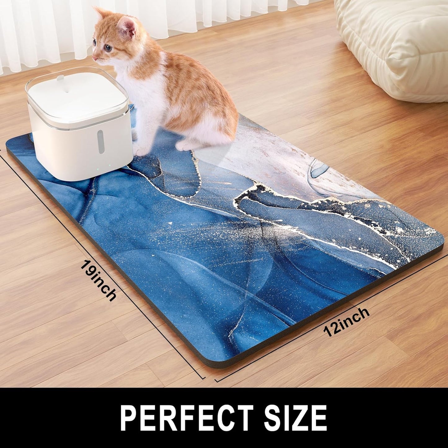 Dog Food Mat, 12" x 19" Marble Absorbent Dog Cat Bowl Mat for Food and Water, Cute Anti-Slip Rubber Pet Feeding Rug Protect Floors, Placemat for Feeding & Watering Supplies, Navy