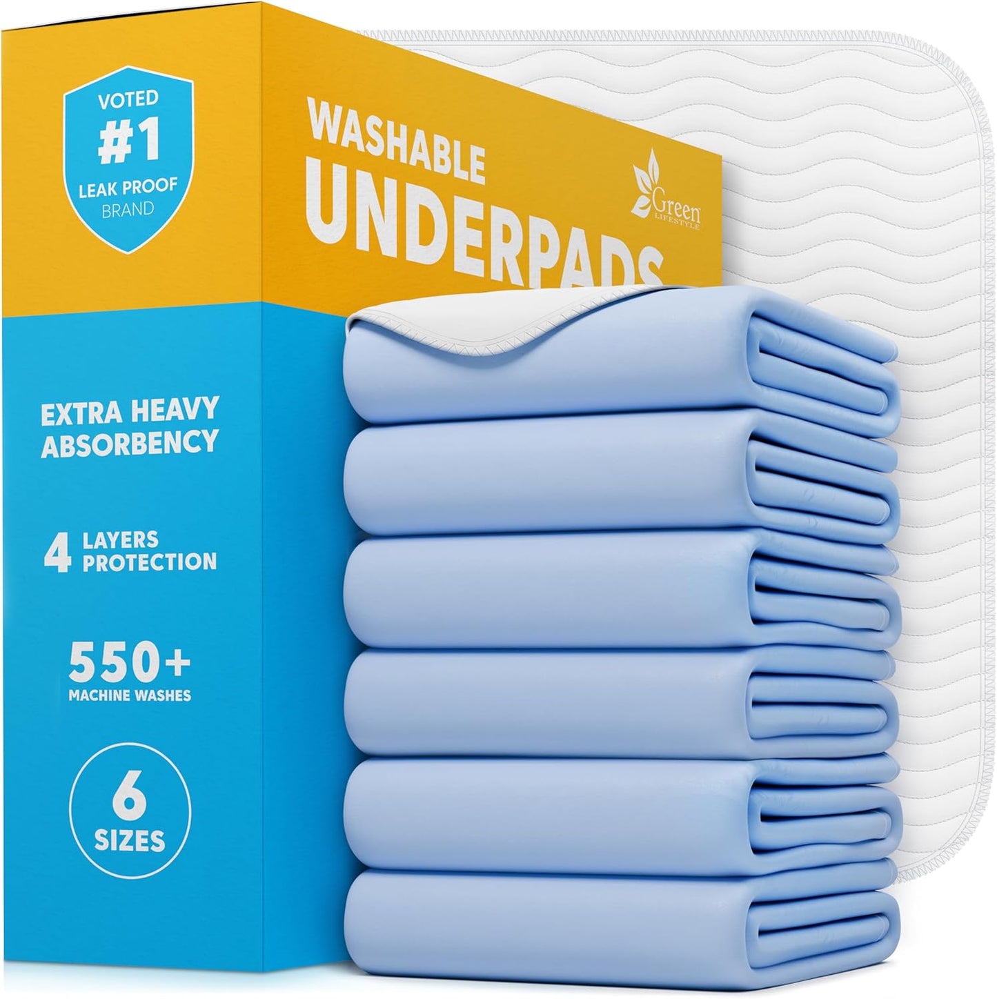 GREEN LIFESTYLE Washable Underpads - LARGE INCONTINENCE & Pet Pads, REUSABLE FOR Dogs, Cats, BUNNIES & Seniors (Pack of 6 - 34x36 INCHES)