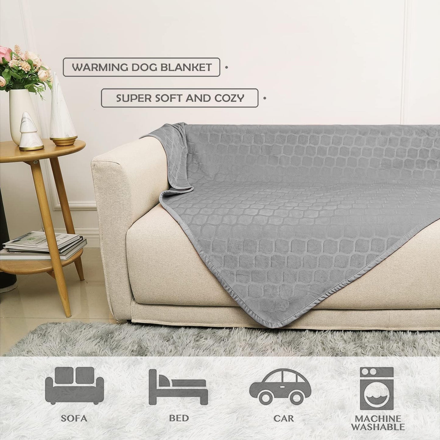 fuguitex Waterproof Dog Blanket Bed Cover Dog Crystal Velvet Moroccan Fuzzy Cozy Plush Pet Blanket Throw Blanket for Couch Sofa(82 * 82 inch, Light Grey+Grey)