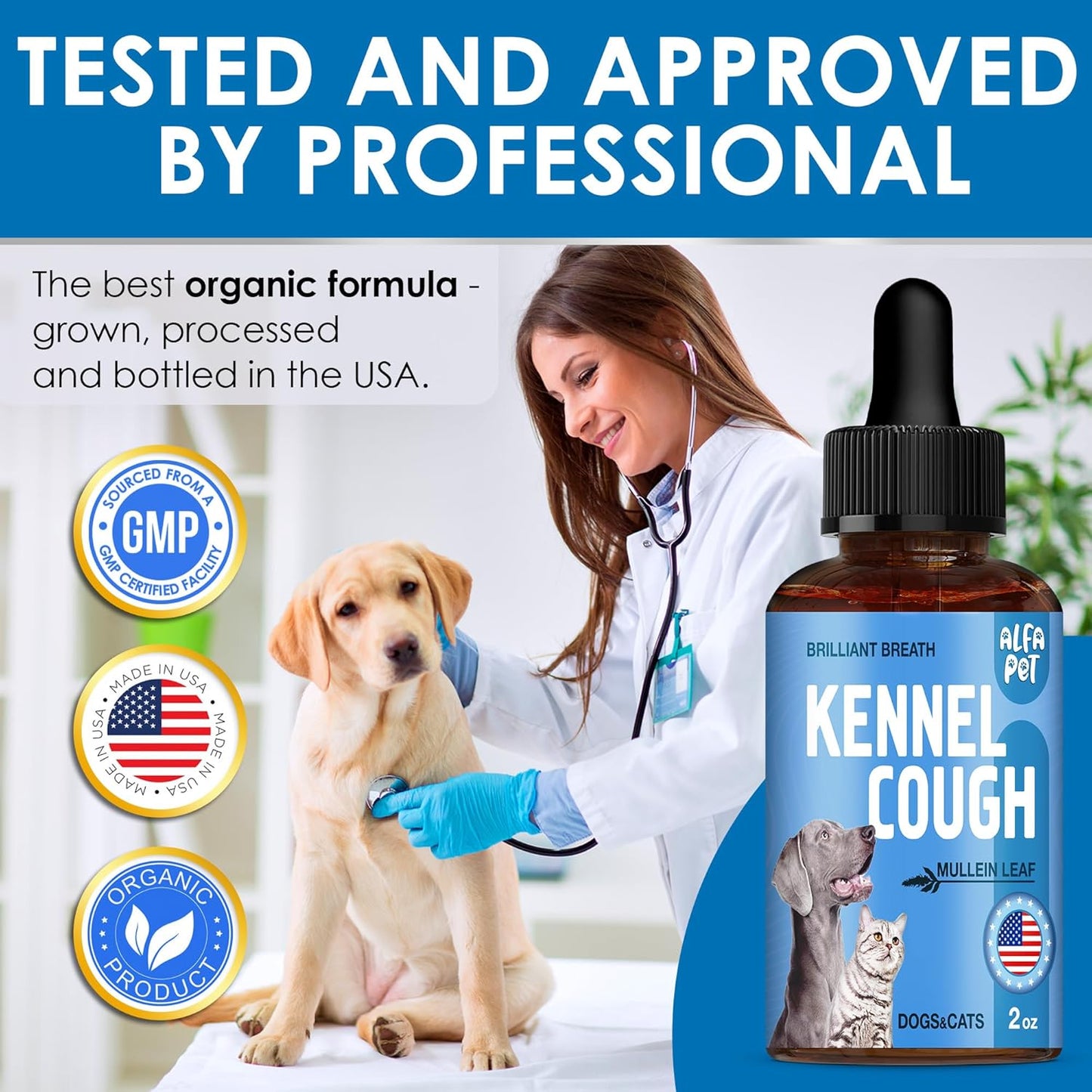 Dog Cough Treatment Liquid • Kennel Cough for Dogs & Cats • for Breathing During All Life Cycle • Marshmallow Root + Mullein Leaf in The Composition • Natural Supplement for All Breeds • 2 Oz