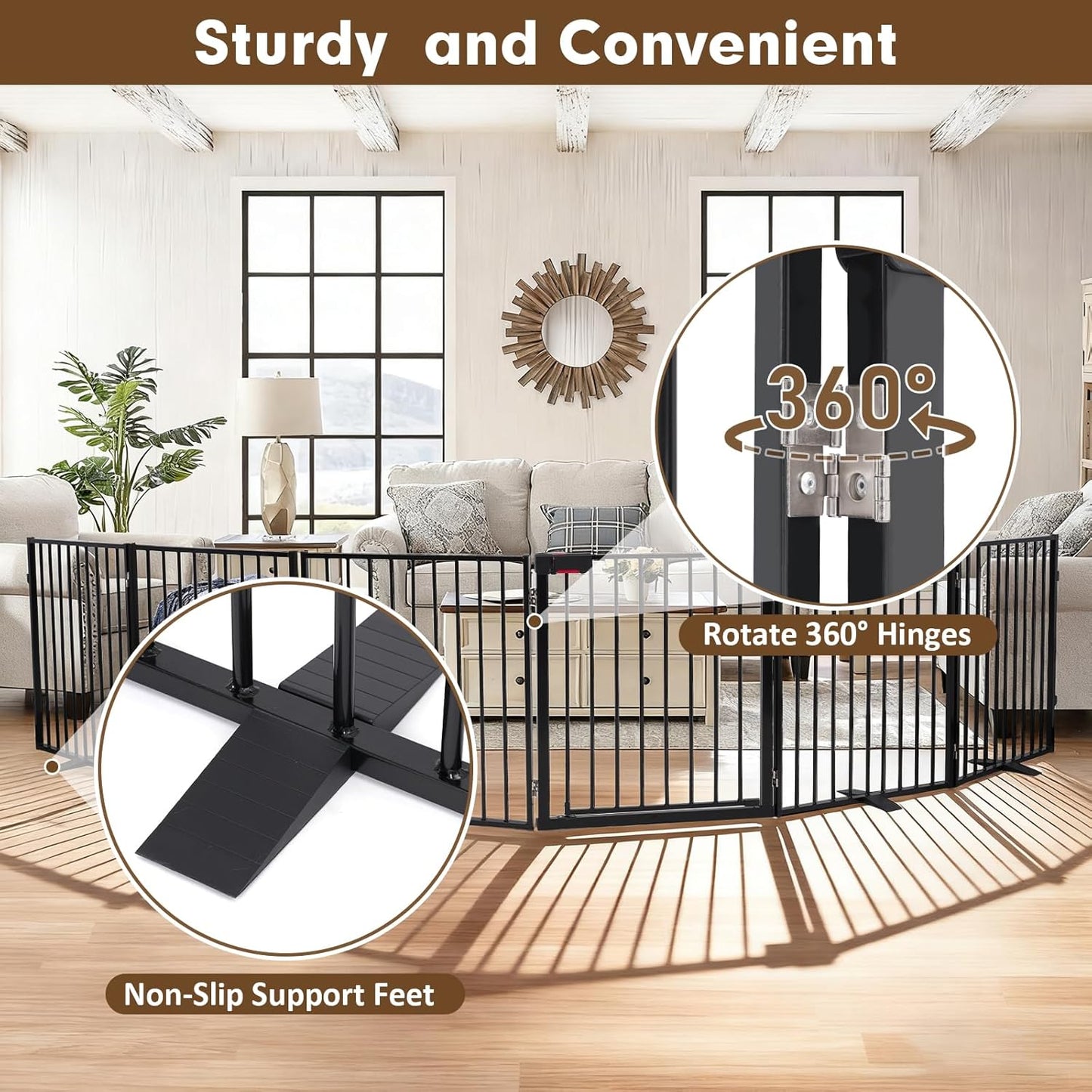 156" Dog Gate Extra Wide, Heavy Duty Metal Freestanding Dog Gate with Door for Indoor & Outdoor, Foldable Pet Fence for Doorways,House,Porch,Deck,Yard,Stairs, Auto Close(6 Panels,Black)