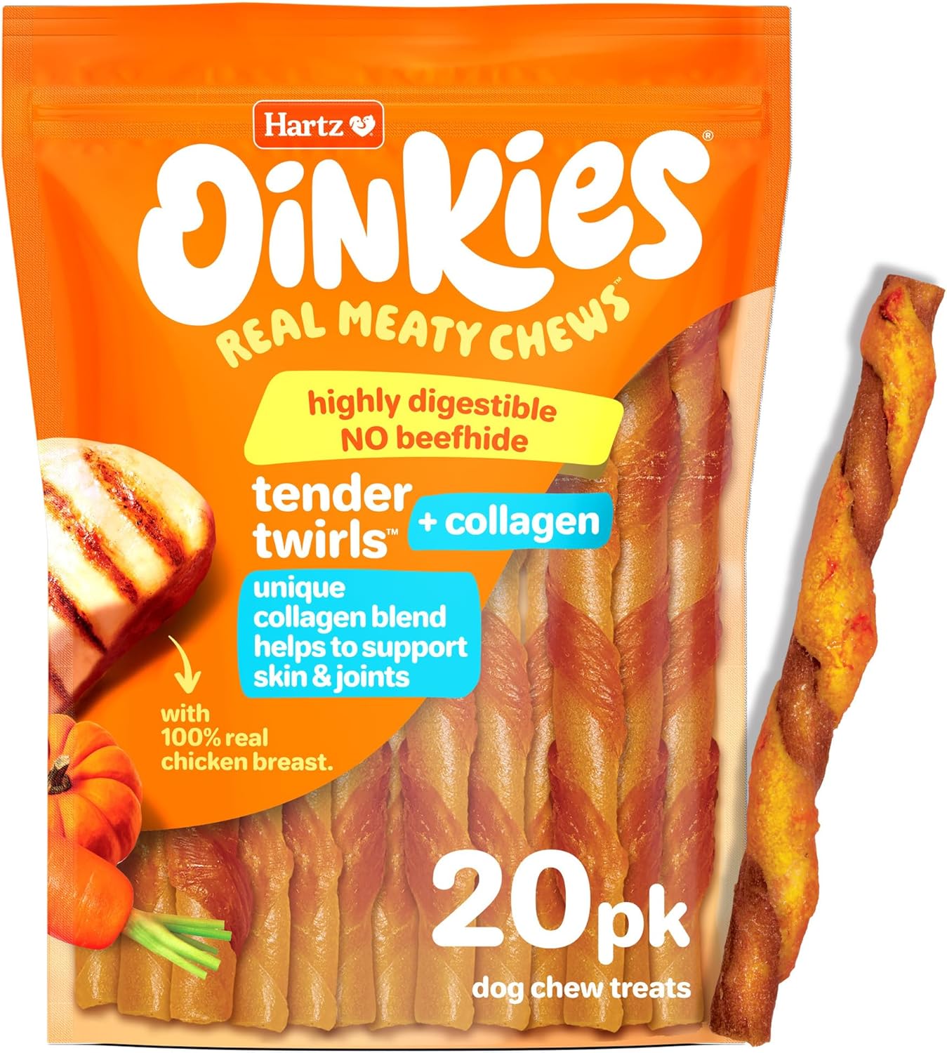 Hartz Oinkies Twirls + Collagen to Support Skin & Joints, Made with Real Chicken Breast, Highly Disgestible Dog Chews, 20 Count
