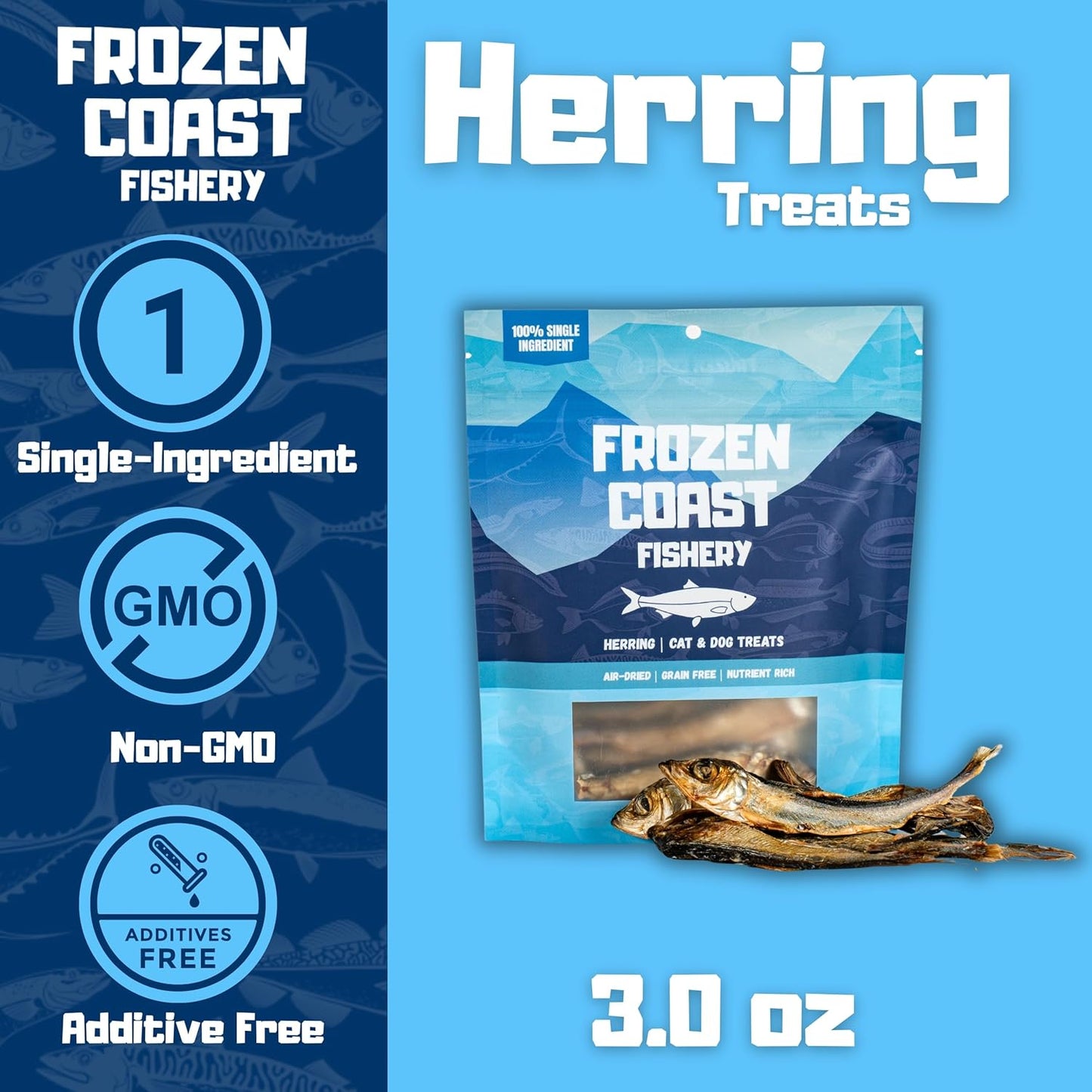 Frozen Coast Herring Cat & Dog Treats, Wild-Caught, All-Natural, High Protein (3 oz Bag)